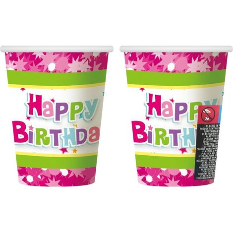 Vasos de papel rosa con la frase "Feliz Cumpleaños", 270 ml, 6 unidades.