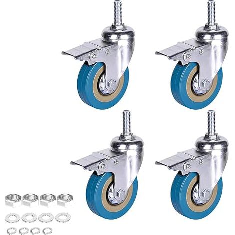 Youngine Paquet de 4 roulettes pivotantes robustes avec freins, remplacement des roues verrouillables pour remorque industrielle, meubles de maison, armoire de table de bureau (Tige 3 pouces M10) (1/5)