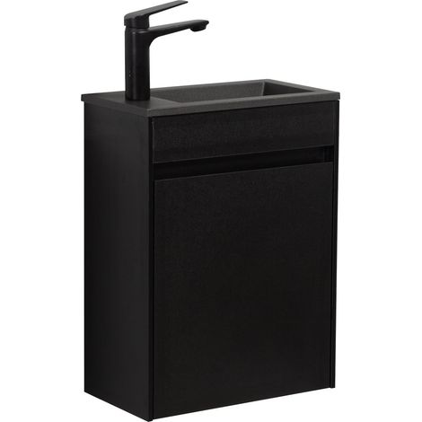 Badplaats – Meuble lave-mains Sinta 40 x 22 cm – Lavabo en marbre artificiel noir – Meuble sous-lavabo MDF avec porte – Système de fermeture douce