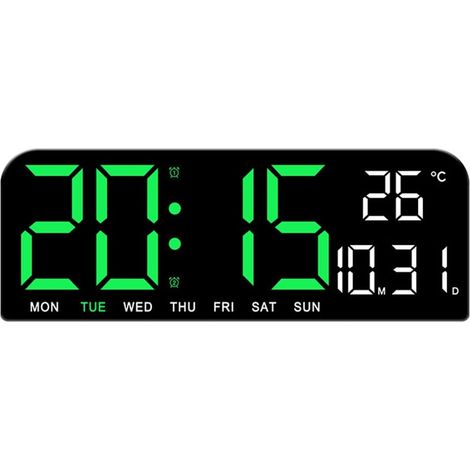 Horloge murale numérique colorée – Grand réveil numérique avec température, date, minuterie, veilleuse, alarme, compte à rebours – Alarme LED grand écran (vert) (1/4)