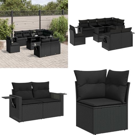 9-tlg. Garten-Sofagarnitur mit Kissen Schwarz Poly Rattan - Gartenmöbel Set - Esszimmergarnitur - Outdoor Möbel - Lounge Garnitur - Rattan Gartenmöbel - Home & Living (1/5)
