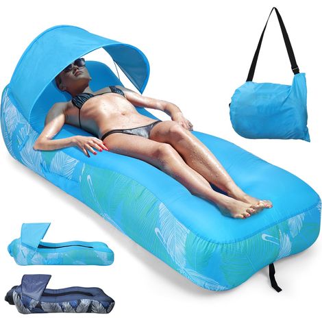 Hamac Gonflable avec Parasol, Portable Canapé Gonflable Air Sofa Eau et Terre, Imperméable Pouf Gonflable avec Sac, Pliable Sofa Gonflable pour Jardin Camping Plage, Plume Bleu Ciel (1/5)