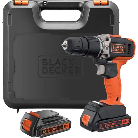 BLACK+DECKER Trapano a percussione a batteria da 18V a 2 velocità con due batterie da 1,5Ah e caricatore da 400mA, coppia di 45Nm, luce da lavoro a LED, BCD003C2K-QW