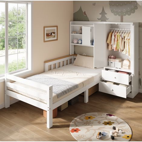 Kinderbett 90/200 cm Weiß mit Kleiderschrank, Schubladen und Regalen (1/5)