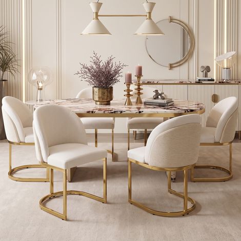 Lot de 6 chaises de salle à manger en tissu beige et métal doré, dossier double, design moderne, pour salon, cuisine et restaurant, assise confortable - CHICFURN (1/5)