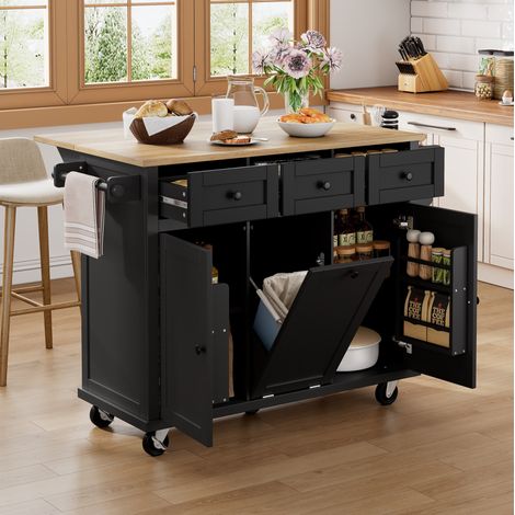 REDOM - Isola da cucina 112x46.2x92.7 cm, piano di lavoro estensibile, vano rifiuti, cassetti, MDF nero e naturale (1/5)
