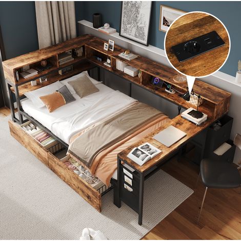 Metallbett 120 x 200 cm mit Stauraum, Einzelbett in Schwarz/Natur – Moderner Industrial-Look mit 2 Schubladen, Ablagefächern, Ladeanschluss, Seitentisch, Stofftasche & Stoffschubladen (1/5)