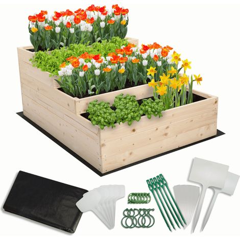 MODO24 Carré potager surélevé en bois, 4 niveaux en cascade, 54x90x120 cm, jardin/terrasse, kit jardinier inclus, naturel