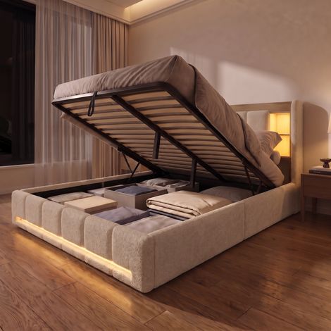 Lit coffre 160x200 cm avec sommier, lit double capitonné avec LED et tête de lit rangement/charge, Tissu Bouclette, Beige (1/5)