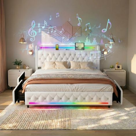Lit tapissĂ© moderne XMETPR 140Ă200, 4 tiroirs de rangement sous le lit, LED, enceinte Bluetooth, silencieux et facile Ă monter, charge USB,TĂȘte de lit beige (1/5)