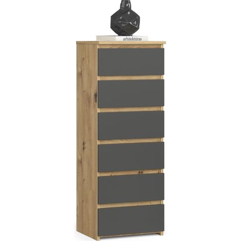 Commode AKORD CL6 Chêne Artisan 40 cm 6 tiroirs façade Gris Graphite 40x35x109 cm