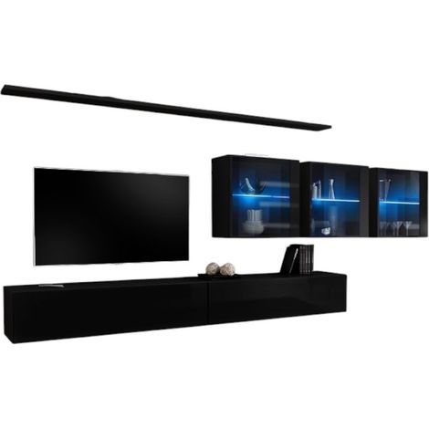 Wandkomposition SWITCH XVII – Doppeltes TV-Möbel, LED-beleuchtete Glaswürfel und Regale – Hochglanz Schwarz – Zeitgenössisches Design