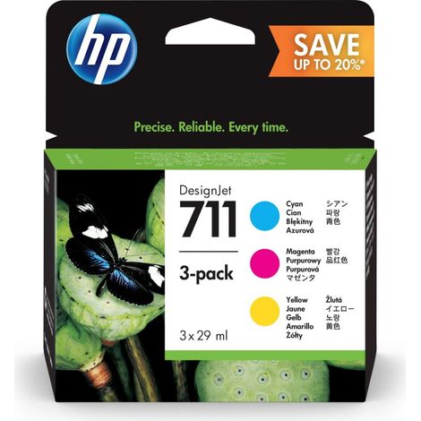Kit de 3 cartuchos de tinta HP 711 CMY para impresoras HP DesignJet T120 y HP DesignJet T520. (1/5)