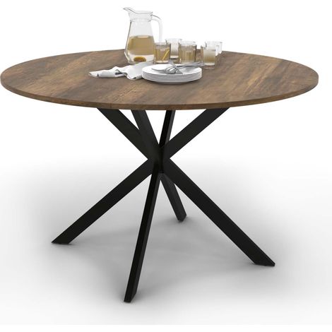 Idmarket – Table à manger ronde 110 cm – Pied araignée noir – Plateau bois foncé – 4 à 6 personnes – Style industriel (1/5)