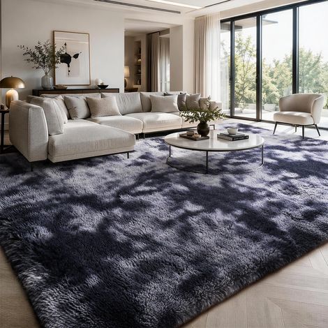 Tapis à Poils Longs 140x200cm Noir, Tapis Doux antidérapant Moelleux Grand tapis Tie-dye pour salon chambre et espace jeu, confortable pour famille et animaux domestiques avec base antidérapante (1/5)