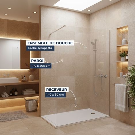 Pack Douche Complet – Paroi Walk-In 140x200 Chrome + Colonne Grohe Tempesta 3 Jets + Receveur Marbre Coulé Blanc 140x80 (1/5)