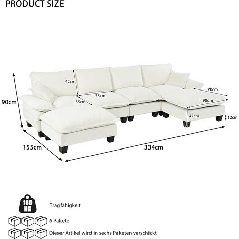 Canapé d'angle modulable 6 places en tissu chenille beige, forme de U nuage avec motif voilier, poufs amovibles, idéal pour salon et appartement (1/4)