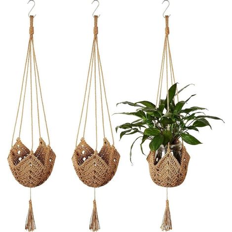 Lot de 3 Suspensions de Plantes en Jute Tressé – Porte-Plante Macramé avec Crochets en S – Convient aux Pots de 8 à 30 cm – Décoration Maison (1/5)
