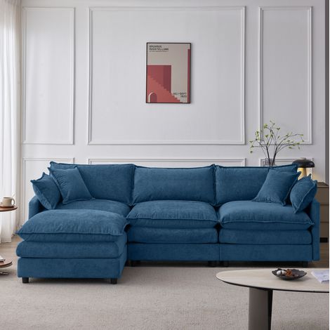 Sofá rinconero modular de 3 plazas con chaise longue y puf, chenilla azul DESVIAE (1/5)