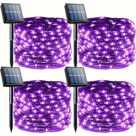 Guirlande Lumineuse Solaire, 4 Paquets 12M 100 LED Guirlande Fil de Cuivre Solaire Extérieur Violet Étanche 8 Modes Lumière Solaire Décoration pour Terrasse Arbres Horreur Fête