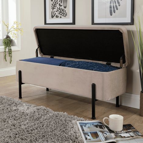 Storage Ottoman Velvet Grey Metal Legs Compact Space Saving Seat Home Furniture (1/5)