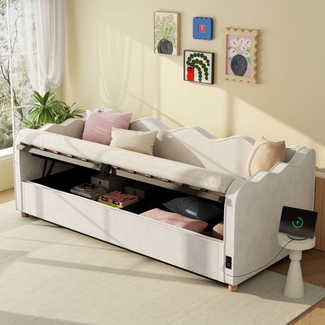 Lit banquette coffre 90 x 200 cm, canapé-lit avec rangement hydraulique, USB/Type-C et dossier arrondi, revêtement velours, Beige (1/5)