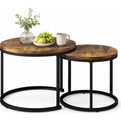 Lot de 2 tables basses rondes gigognes en MDF brun, style moderne gain de place, plateau facile à nettoyer pour salon et séjour, de CHICFURN (1/5)