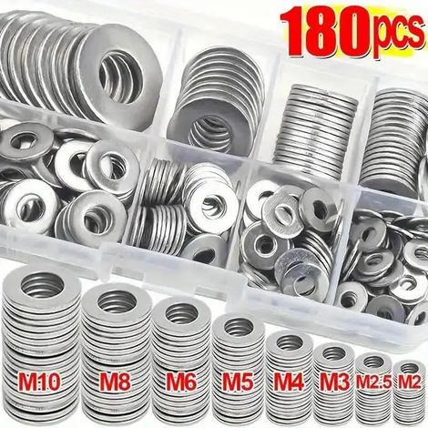 Set mit 180 flachen Edelstahl-Washern (AISI 304), M2 bis M10, polierte Oberfläche, rostfrei und langlebig, industrieller Befestigungssatz (1/5)