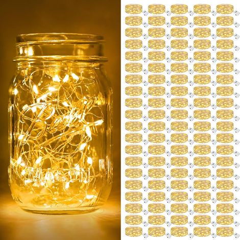 Lot de 100 mini guirlandes LED à pile, 2m, 20 LED, 3 modes, étanches IP65, blanc chaud pour déco intérieure et extérieure. (1/5)