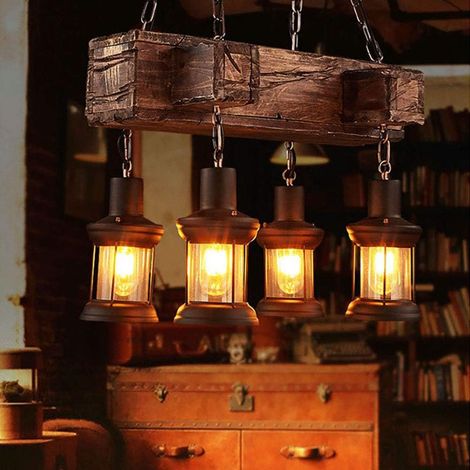 Kreativ Retro Holz Pendelleuchte 4-flammige Hängelampe E27 Vintage Industrial Dekorativer für Küche Bar Wohnzimmer (1/5)