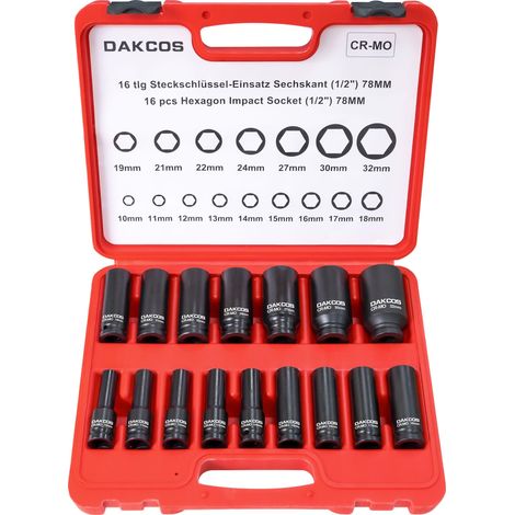Coffret Lot 16 Douilles longues à choc 6 pans 1/2", 10–32 mm, CR-MO (1/3)