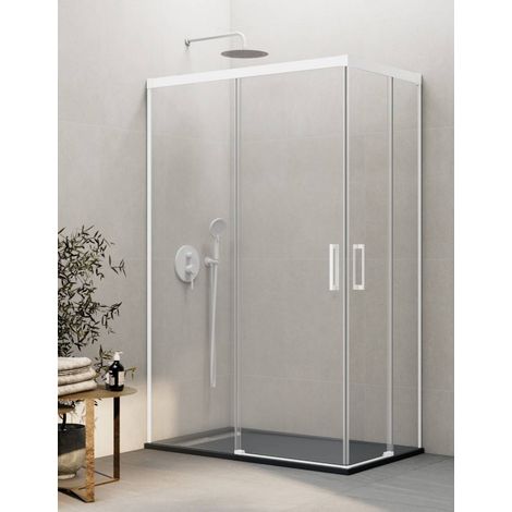 Mampara de ducha angular 2+2 BASIC 100x70 cm cristal transparente perfil blanco (1/5)