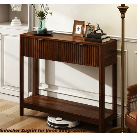 Console 100/29,5/81,5 cm aspect noyer avec 2 tiroirs et étagère ouverte (1/5)