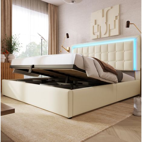 Letto matrimoniale 180/200 cm in PU bianco con LED e contenitore, stile elegante e comfort pratico (1/5)