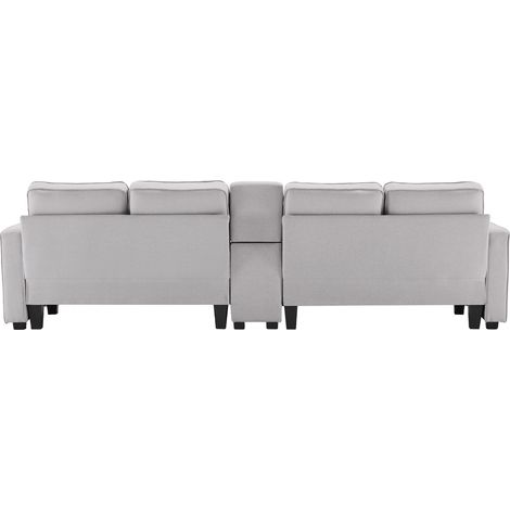 Divano 4 posti in lino grigio con console, 2 portabicchieri e 2 porte USB (1/5)