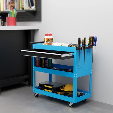 Rangement Chariot d'atelier servante atelier à 3 niveaux avec tiroir porte-outils latéral et poignée 82x35x76 cm - bleu