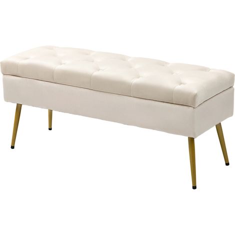 Sitzbank mit Stauraum, Polsterbank mit Deckel, Bettbank mit Samtoptik, für Flur Schlafzimmer Wohnzimmer, Metallrahmen 102 x 35 x 43 cm Beige (1/5)