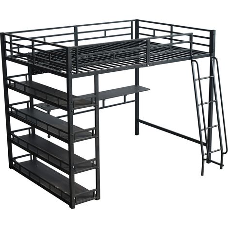 Letto a soppalco 140x200 cm in metallo e pannelli di legno con ripiani e presa, nero (1/5)
