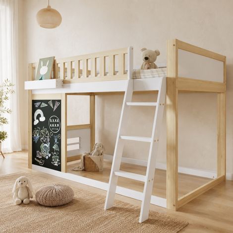 Letto soppalco bambini 90x200 cm legno bianco/naturale, contenitore, senza materasso FloraGrace (1/5)