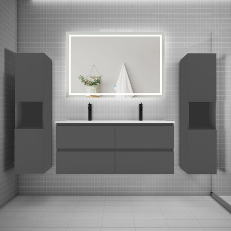 AICA Ensemble meuble double vasque L.120cm + lavabo + LED miroir + 2colonne anthracite (1/5)