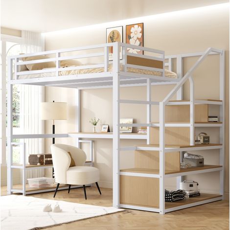 Letto rialzato adulti 140x200 cm con scala portaoggetti, ripiani, scrivania, sponda di sicurezza, in metallo, senza materasso, bianco (1/5)