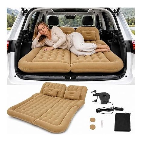 Matelas gonflable pour siège arrière de voiture, amovible, portable, matelas gonflable multifonction avec 2 coussins et pompe à air électrique (beige) pour camping, voyage, extérieur, SUV (1/5)