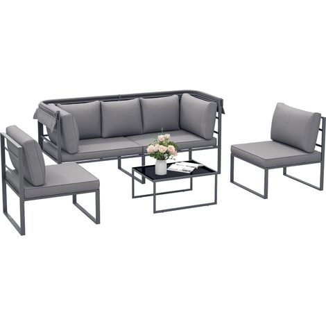Salon de jardin extérieur 4 pièces modulaire avec canapé, fauteuil et table basse en verre trempé, coussins inclus, gris