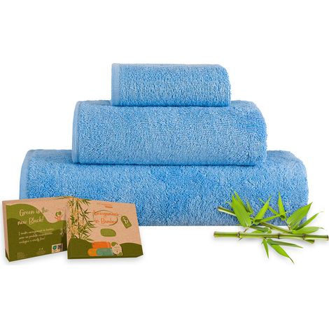 Set 3 Pezzi Asciugamani In Bambù Bagno Pregiati Super Assorbenti Telo Doccia Salvietta Viso Asciugamano Salviette Teli Asciugamano Ospite 450 Gr Bamboo Lusso Elegante Confezione Idea Regalo Azzurro (1/5)