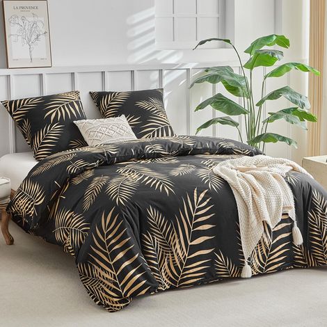 Parure de lit 220x240, Ensemble de literie 3 pièces 220 x 240 cm, Housse de couette noire avec motif de palmier tropical doré, Microfibre avec fermeture éclair, 2 taies d'oreiller 80x80 cm (1/5)