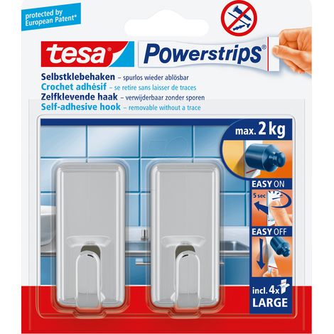 Tesa Hook PWS selbstklebender Kleiderbügel, rechteckig, groß, bis 2 kg, verchromt, 2 Stück