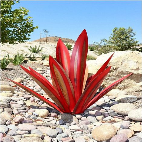 Sculpture Rustique de Tequila - Art décoration Statue Déco à la Maison, Figurines de Jardin, 9 feuilles, Plantes d'agave en Métal pour Cour Extérieure - 55cm Rouge (1/5)