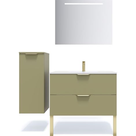 Meuble de salle de bain suspendu vasque intégrée 90cm 2 tiroirs Vert olive + miroir + colonne ouverture gauche - Venice (1/5)