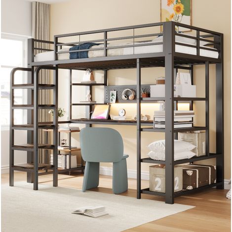 Cama alta 205.4x94.5x172.5 cm, con escritorio, LED multicolor y enchufes, estantería y panel perforado, metal y madera, negra (1/5)