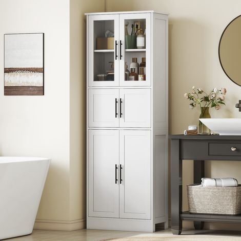 Badezimmerschrank, 6-stufiges Aufbewahrungssystem, 6 Türen (2 Glastüren), verstellbare Einlegeböden, 60 x 30 x 170 cm, weiß (1/5)